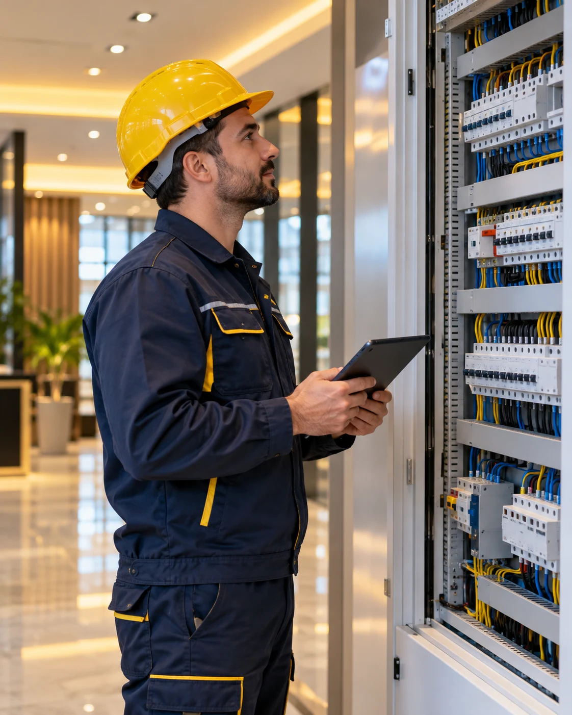 Modern elektrik tesisatını inceleyen profesyonel elektrikçi